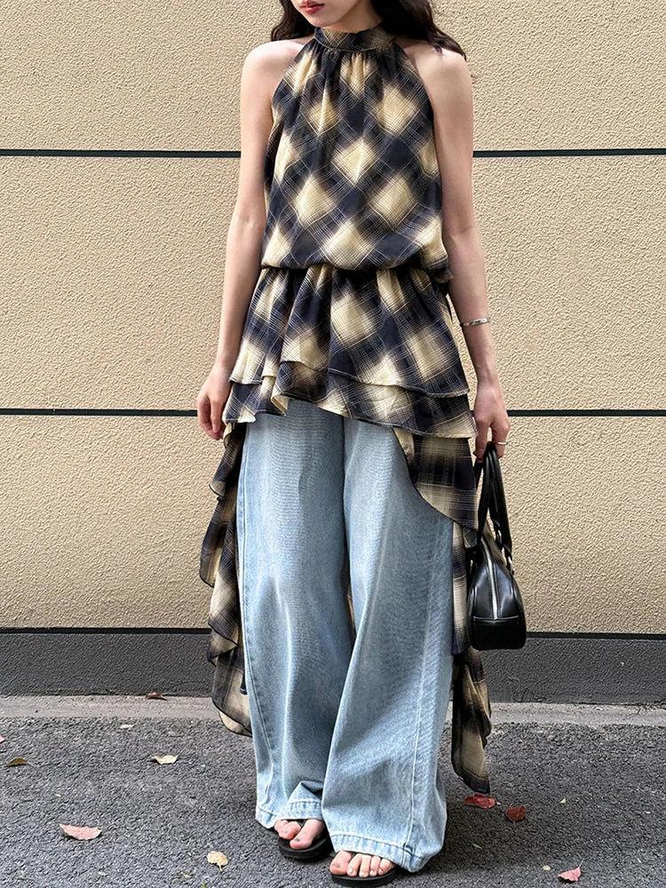Asymmetric Khaki Plaid Neck Sleeveless Top High-Low Uniaue Halter