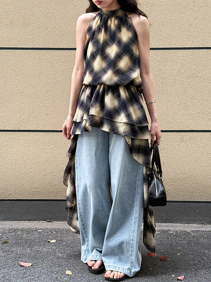 Asymmetric Khaki Plaid Neck Sleeveless Top High-Low Uniaue Halter