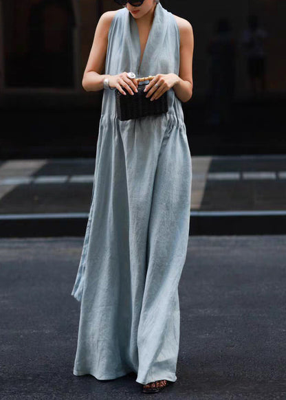 New Robe Dresses Pockets Solid Blue Linen Light Waist Tie