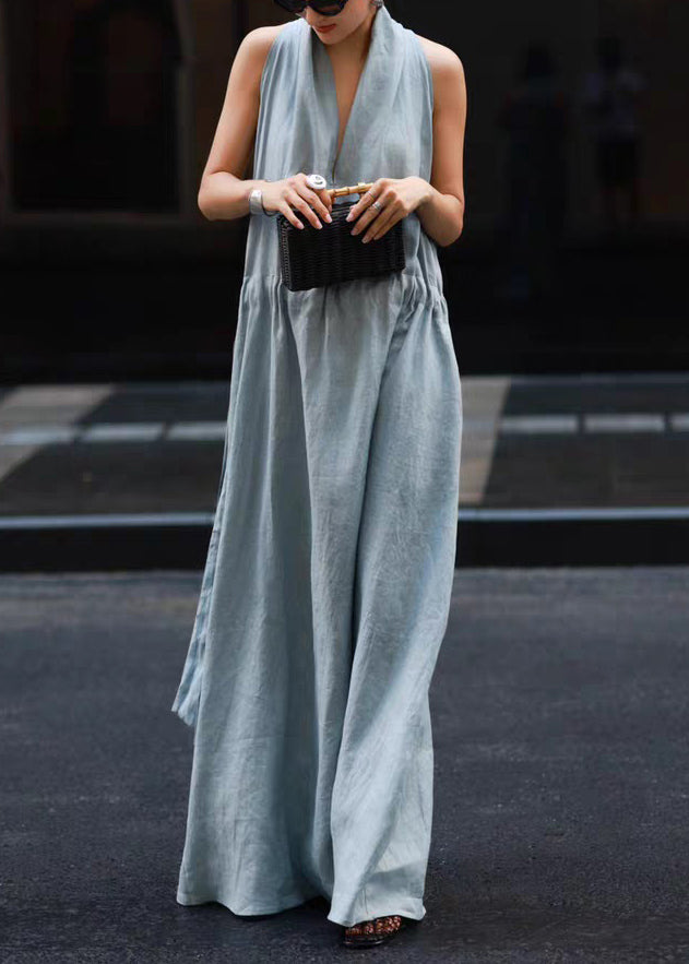 New Light Linen Solid Dresses Blue Robe Waist Tie Pockets