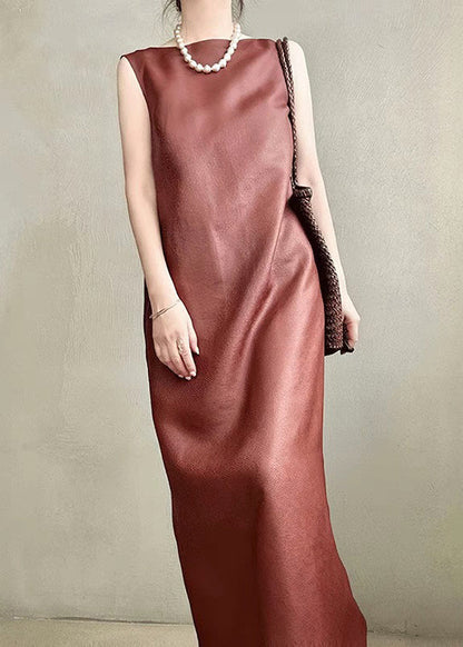 Open Side Sleeveless Long Back Elegant Red Dress Pockets Silk