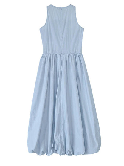 Patchwork O-neck Dress Simple Sleeveless Blue Puff Hem