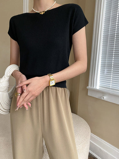 Pink Sleeve Top Short Knit Boat Loose Neck Stylish