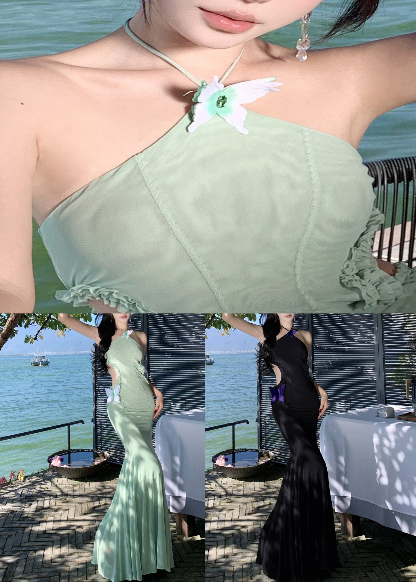 Dresses Butterfly Summer Slim Fishtail Hollow Out Fit Green Tulle