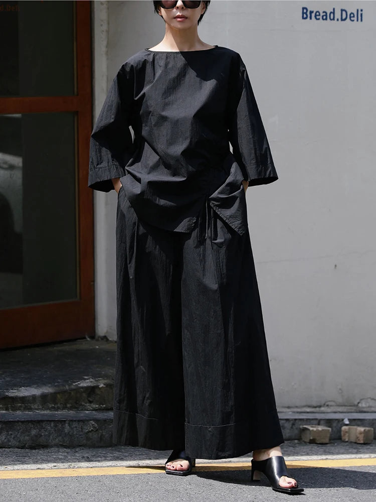 Elastic Organic Wide-Leg Waist Khaki Pants