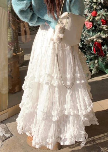 White Skirts French Ruffled High Lace Waist Spring