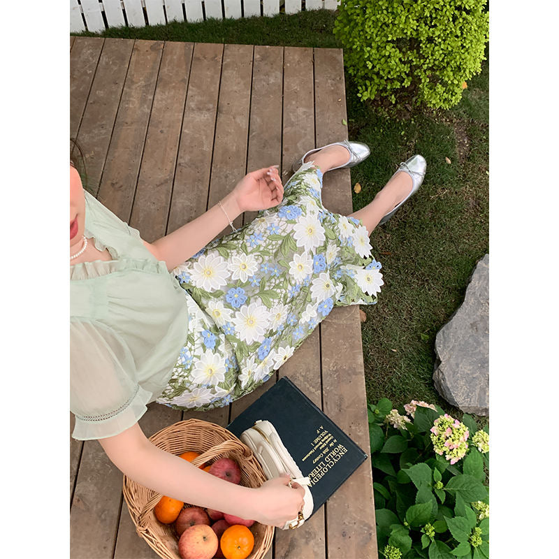 Straight Floral Green Elegant Skirt Embroidery