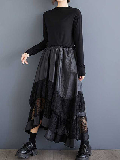 Goth Black Elasticity Layered Irregular Hem Patchwork Lace A-Line Skirt TW023