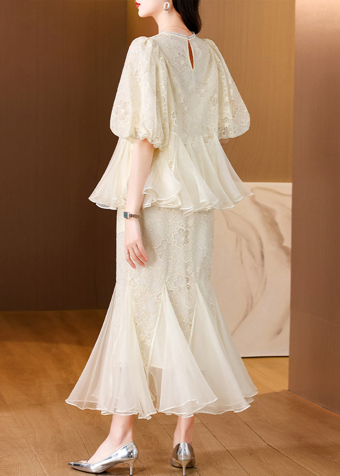 Embroidered Silk Chic And Fishtail Two Skirt Tops Beige Pieces