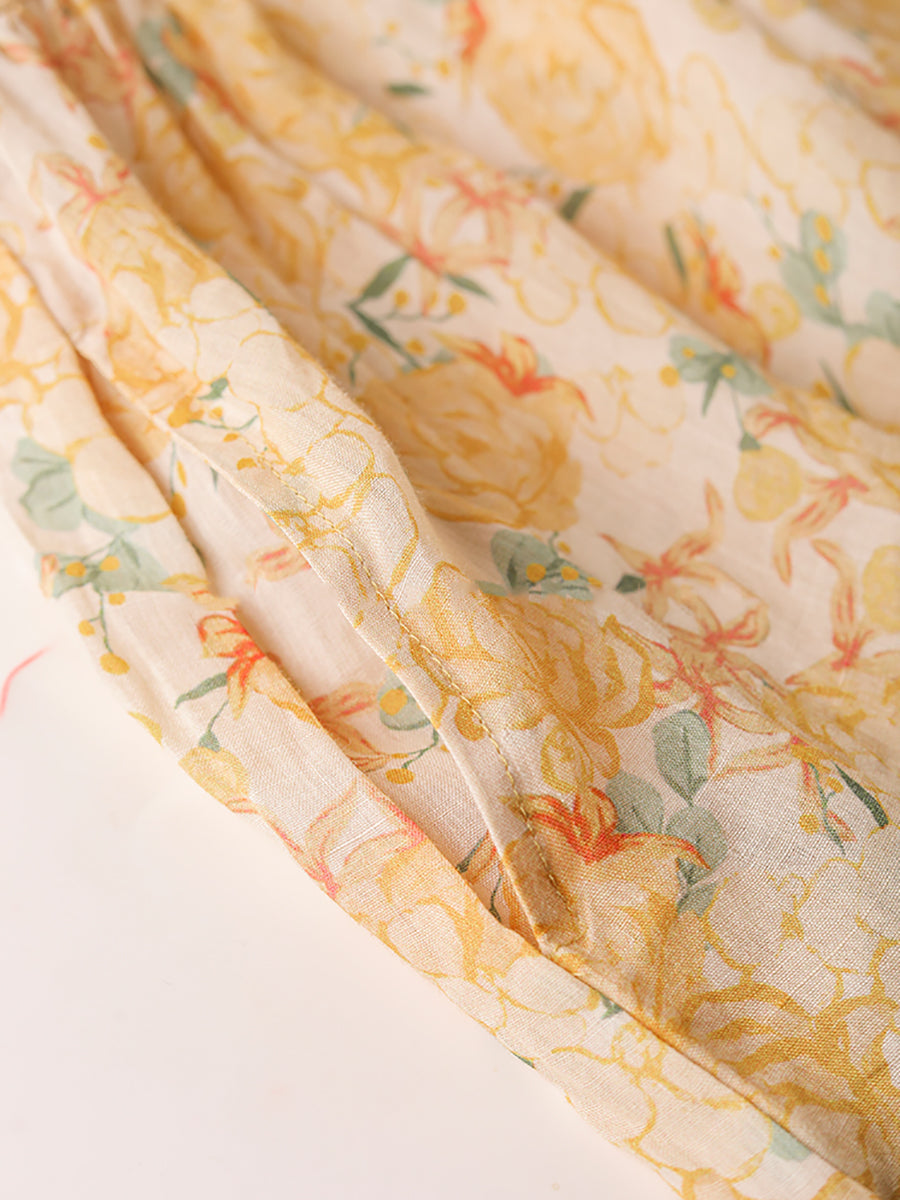 Women Summer Artsy Floral A-Shape Loose Ramie Dress OO1042