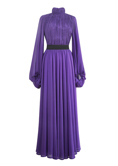 Stand Silk Wrinkled Italian Purple Long Dresses Lantern Collar