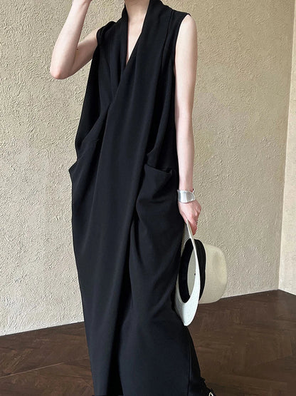 Pockets with Draped Sleeveless Dress Elegant Midi