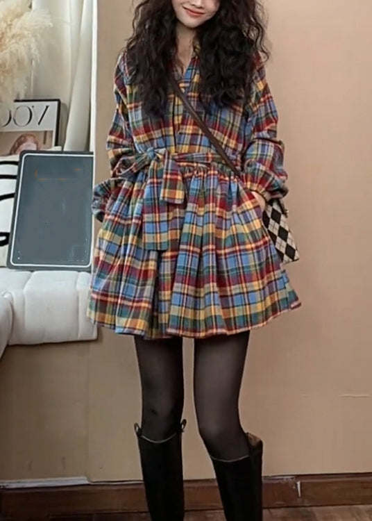Tie Woolen Dress New Waist Shirts Plaid Wrinkled Spring