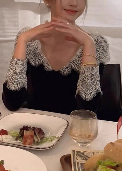 Black Patchwork V Spring Dresses Neck Silk Velvet Lace French