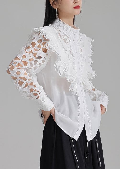 White Cotton Out Hollow Stylish Shirts Button Spring