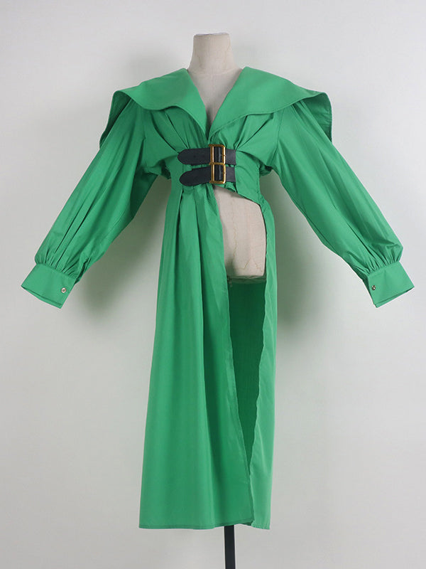 Pleated Black Asymmetric Lapel Waisted Long High Modern Belted