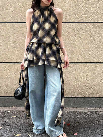 Asymmetric Khaki Plaid Neck Sleeveless Top High-Low Uniaue Halter