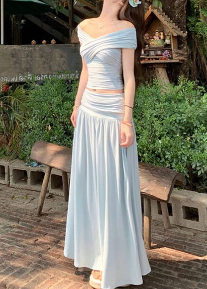 Art Two Beige Summer Skirts Pieces Wrinkled And Set Tops Cotton