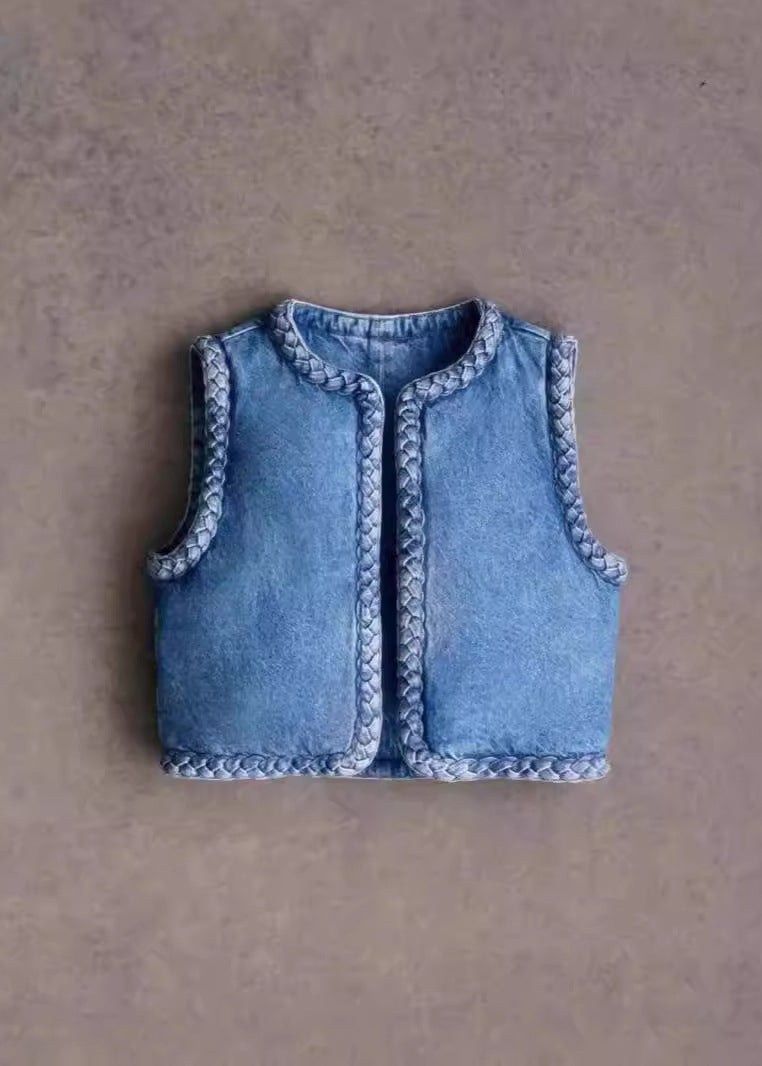 O Bohemian Cotton Filled Blue Fine Denim Vest Neck Sleeveless