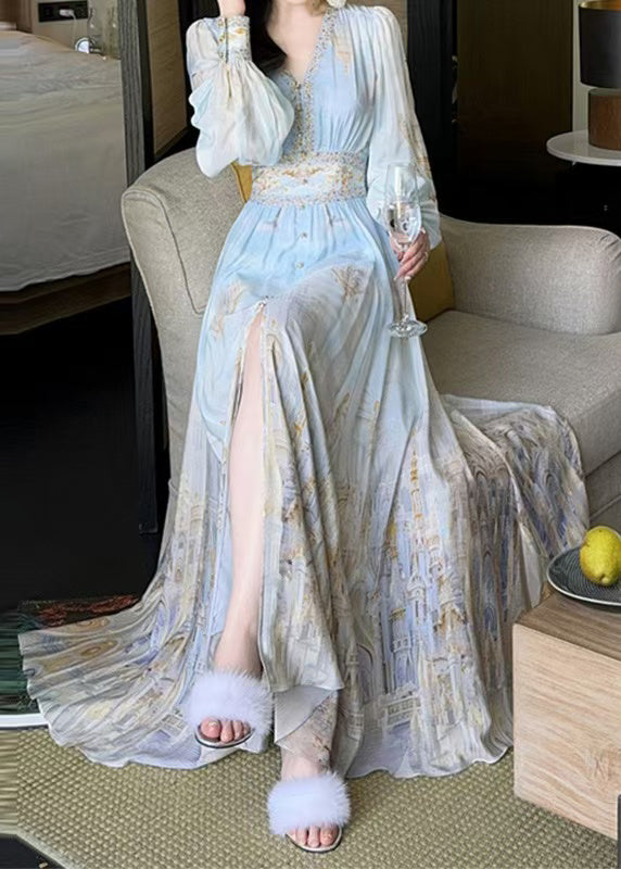 Maxi Chiffon Print Dresses Waist Blue Stylish V Spring High Neck