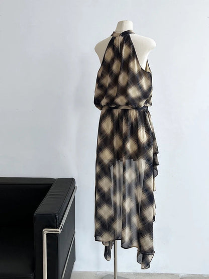 Asymmetric Khaki Plaid Neck Sleeveless Top High-Low Uniaue Halter