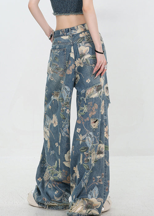 High Hole Print Denim Unique Blue Waist Summer Pants