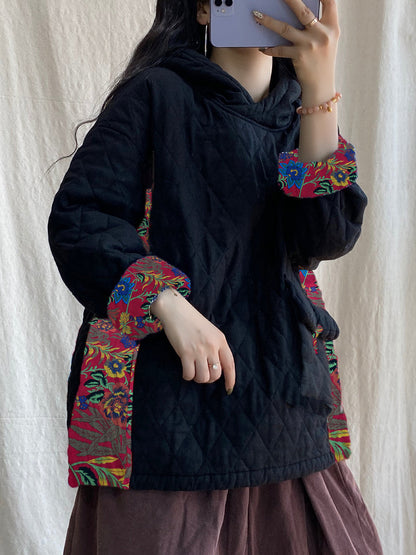 Plus Size Women Winter Patch Spliced Pocket Thicken Hooded ZZ1048