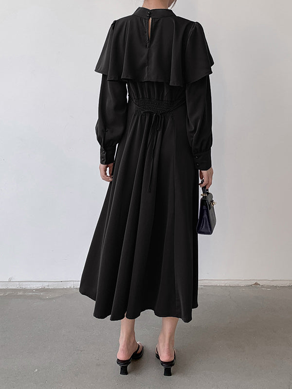 Ruffle Waist Long Mock Tied A-Line Elegant Trim Neck Coffee