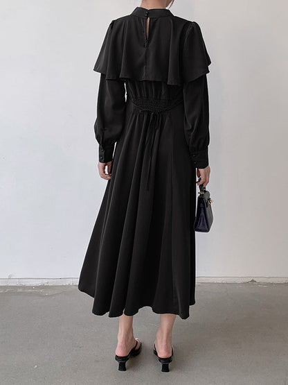 Ruffle Waist Long Mock Tied A-Line Elegant Trim Neck Coffee