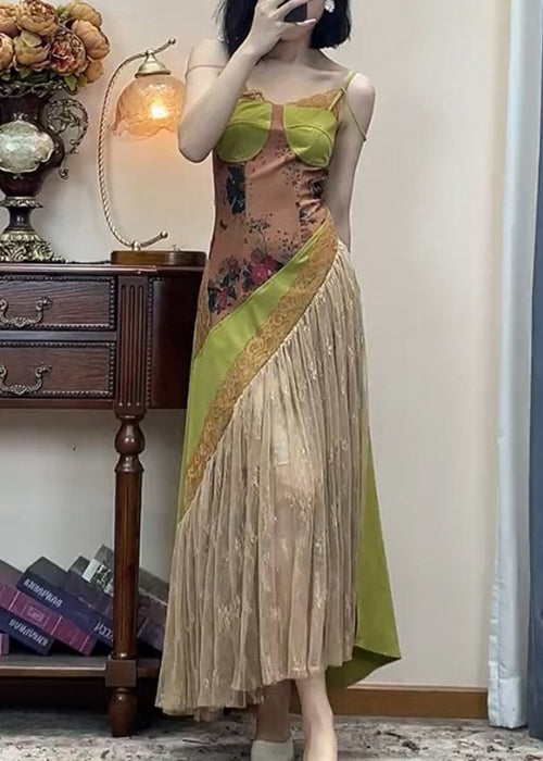 Spaghetti Lace New Green Dress Patchwork Strap Sleeveless