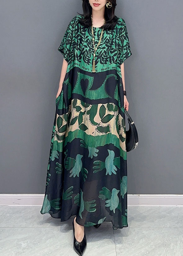 Bohemian black cashew nuts O Neck Pockets Print Patchwork Silk Long Dresses Summer TT1010