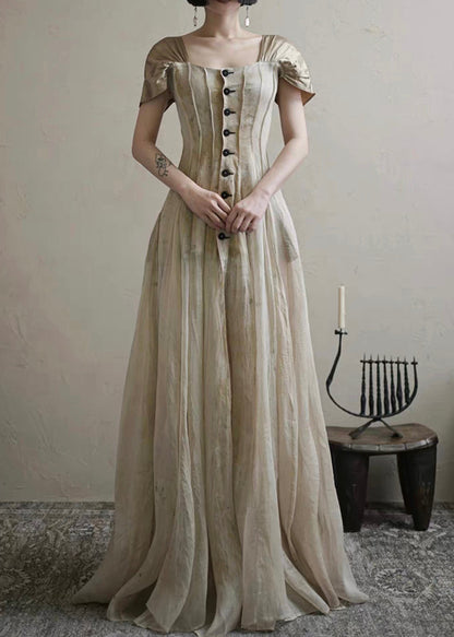 Square Button Collar Summer Vintage Long Dress