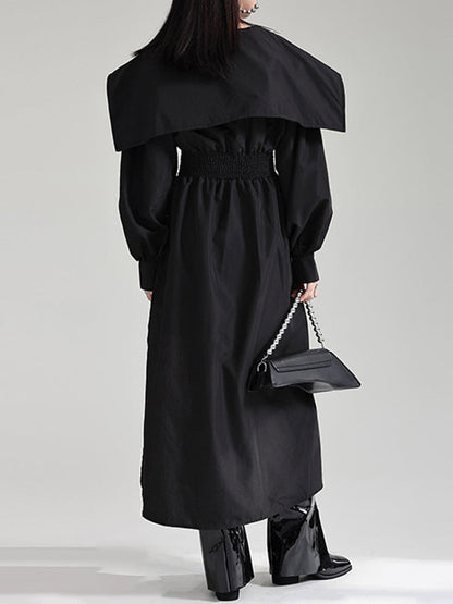 Pleated Black Asymmetric Lapel Waisted Long High Modern Belted