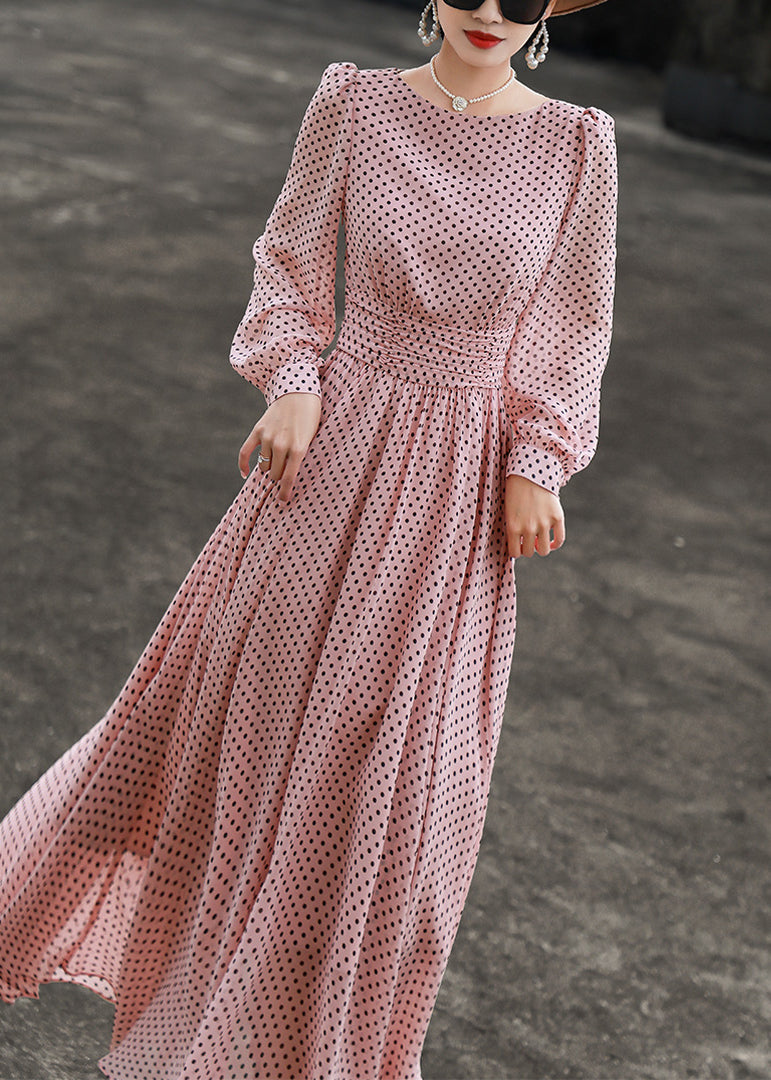 Sleeve Neck Pink Slim Fit Dresses Dot Long O Chiffon