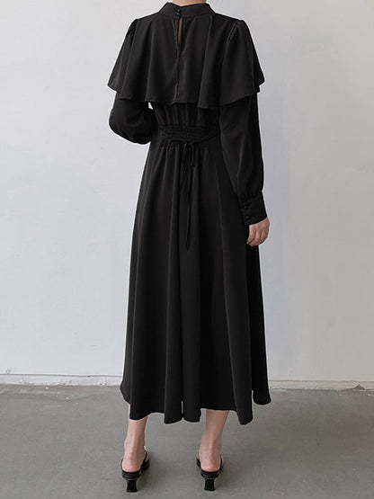 Ruffle Waist Long Mock Tied A-Line Elegant Trim Neck Coffee