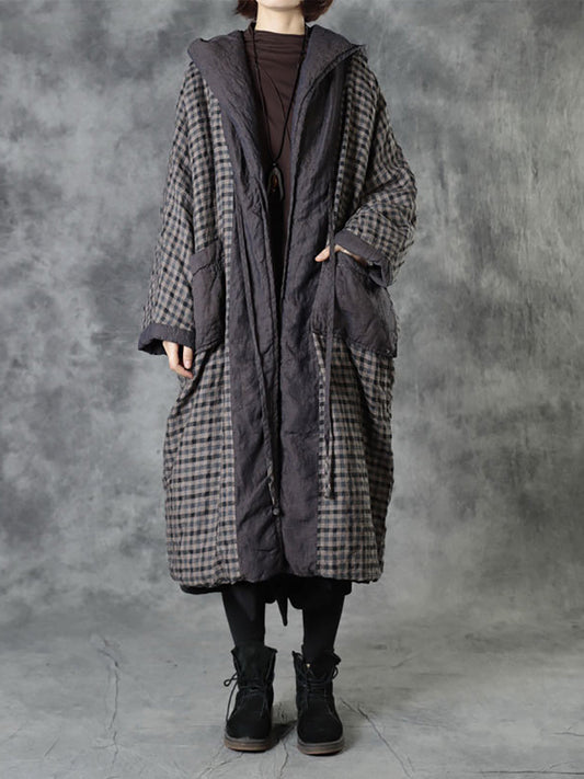 Women Vintage Autumn Plaid Colorblock 100%Linen Hooded Coat AH1083