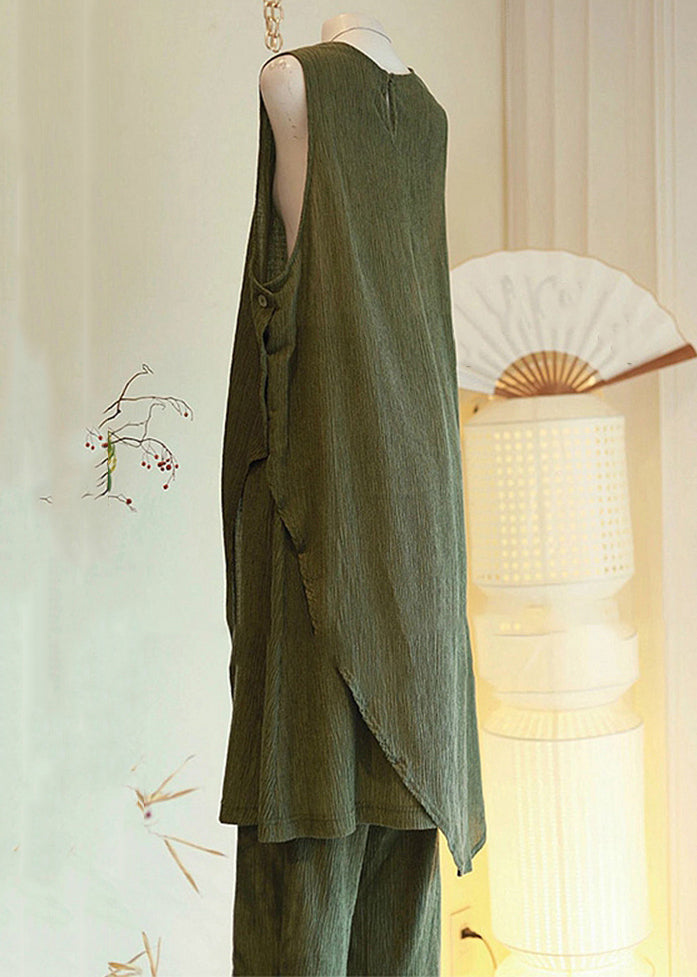 Button Cotton Set Sleeveless Asymmetrical Two Pieces Women Green
