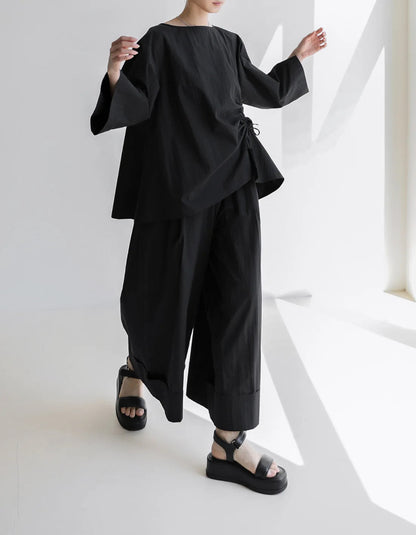 Elastic Organic Wide-Leg Waist Khaki Pants