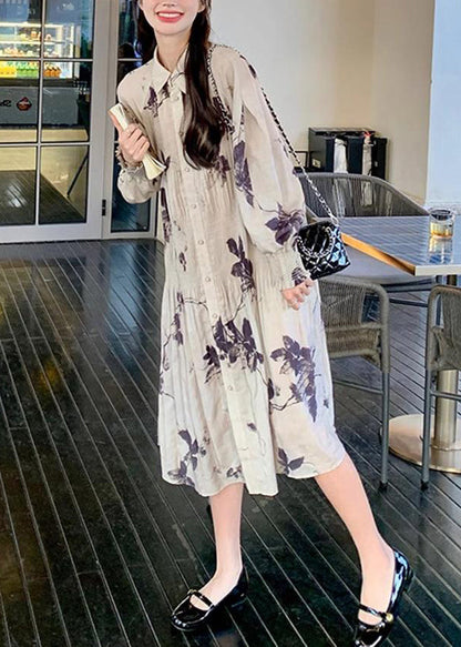 Style Lantern Dresses Chinese Collar Wrinkled Button Print Long