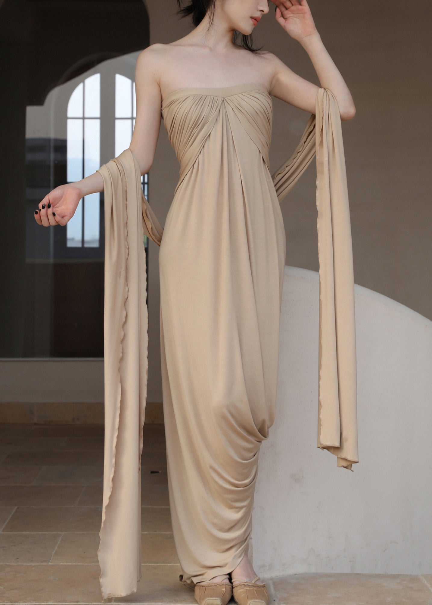 The Off Dresses Wrinkled Cotton French Long Khaki Shoulder