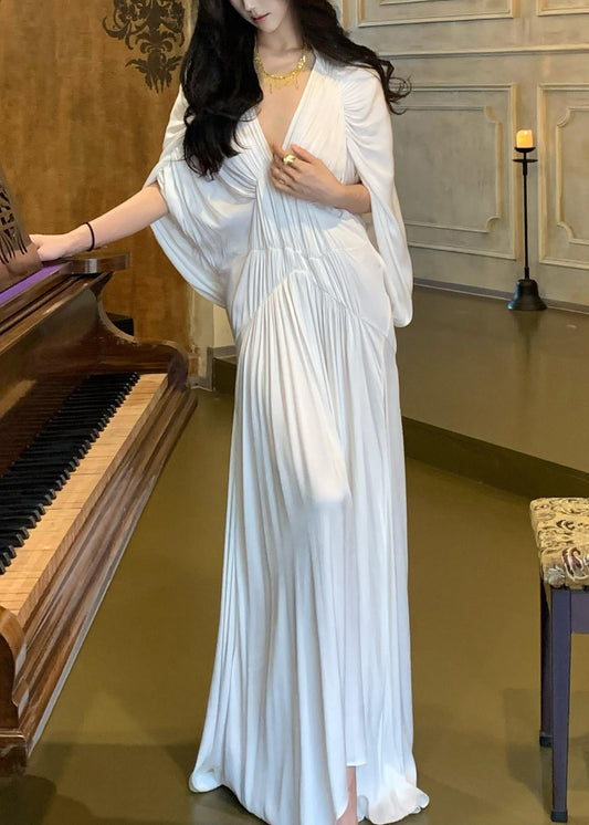 Dresses Neck White Wrinkled Sleeve Batwing Solid Women V