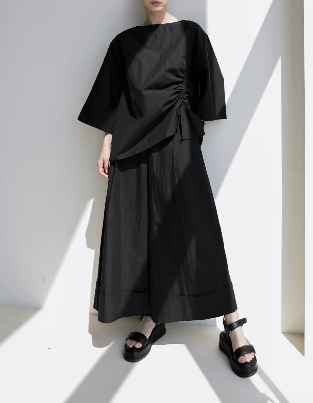 Elastic Organic Wide-Leg Waist Khaki Pants