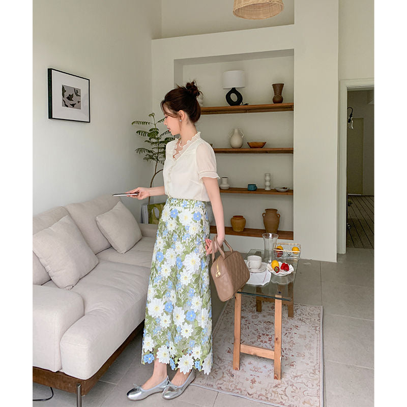 Straight Floral Green Elegant Skirt Embroidery