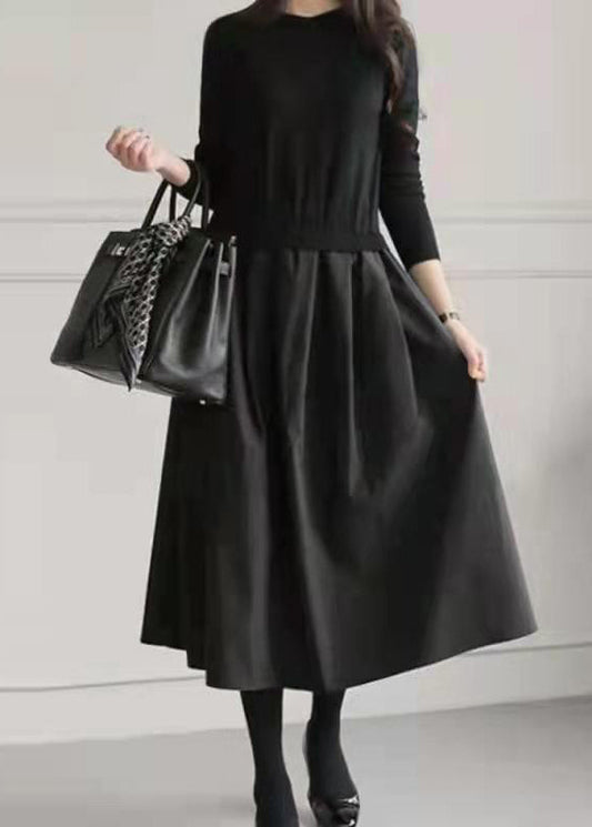 Large Fake Knit Patchwork Two Exra Piece Hem Dresses Black Fitted