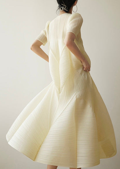 Cotton French Dresses Beige Style Summer Wrinkled