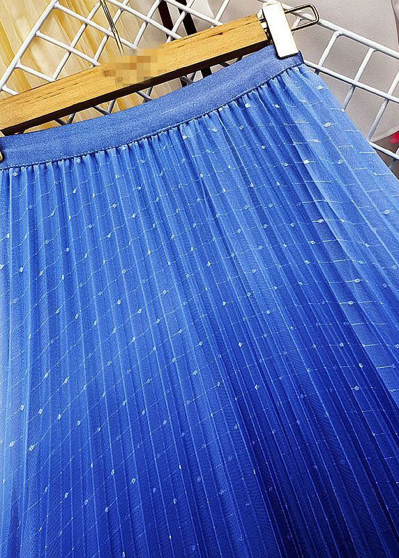 Women Blue Elastic Waist Sequins Gradient Color Tulle Pleated Skirt Spring AJ1003