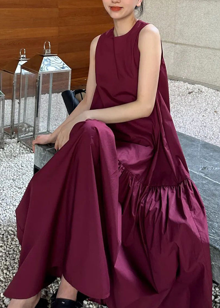 Wine Dresses Cotton Solid Pockets Long Red Wrinkled Simple