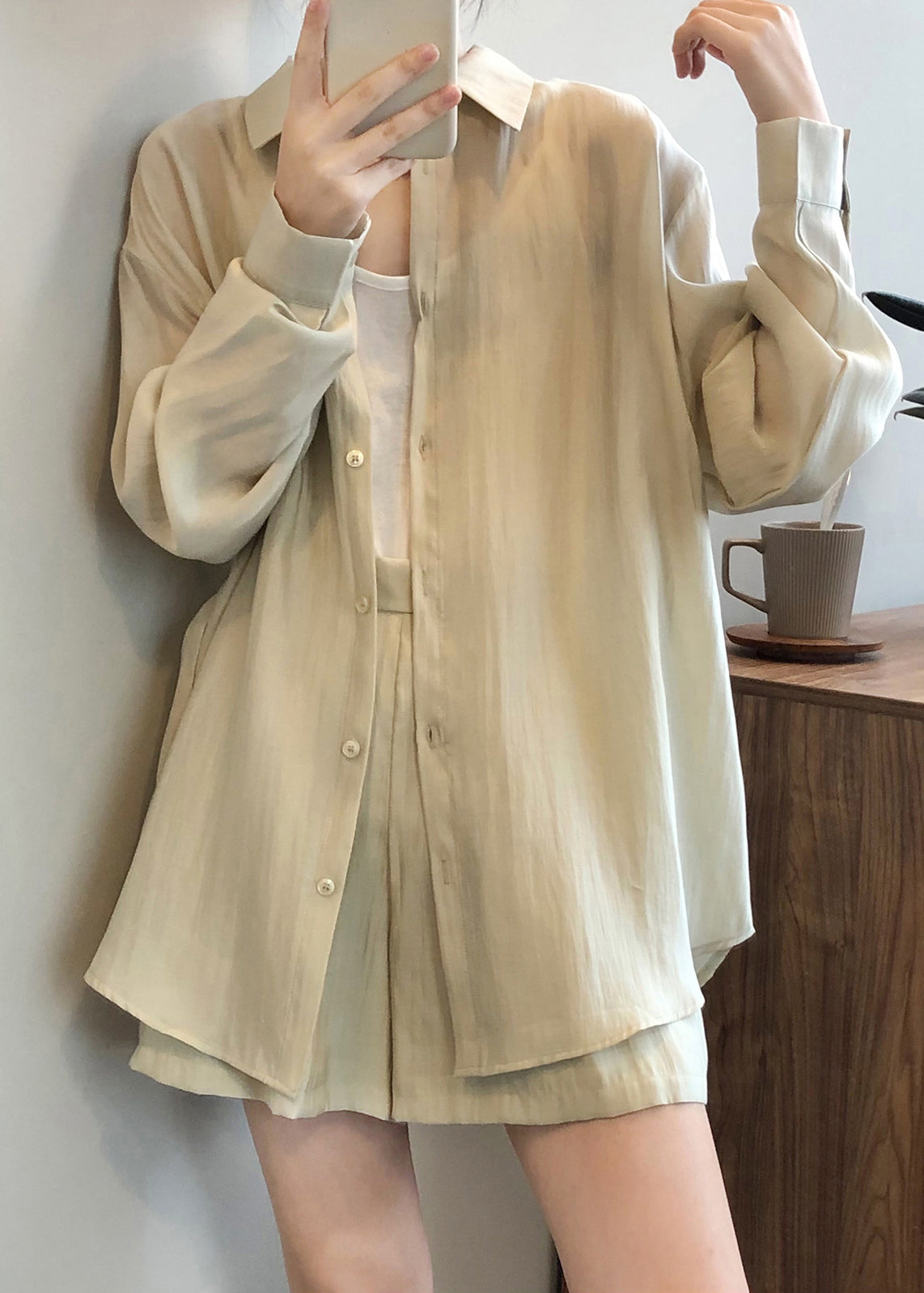 Up Light Lace Silk Women Two Pieces Spring Green Solid Set