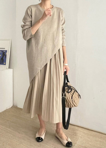 Asymmetrical Dress Wrinkled Two Knit Khaki Beautiful Set Piece