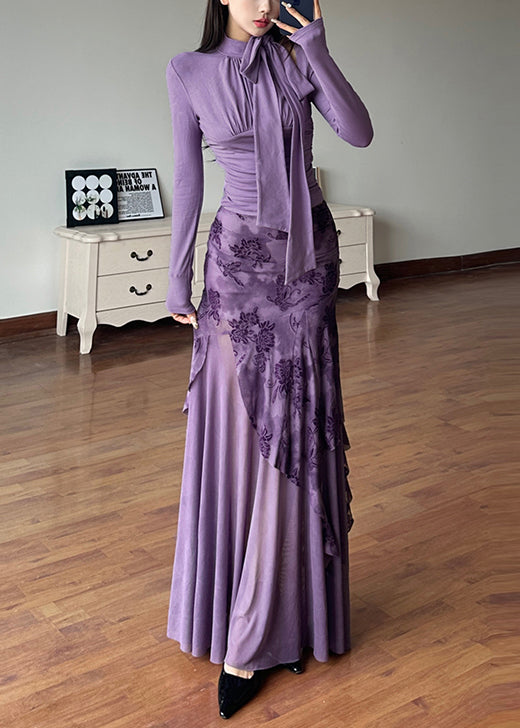 Tulle Skirts Purple Tops Novelty And Lace Patchwork Up Two-Piece